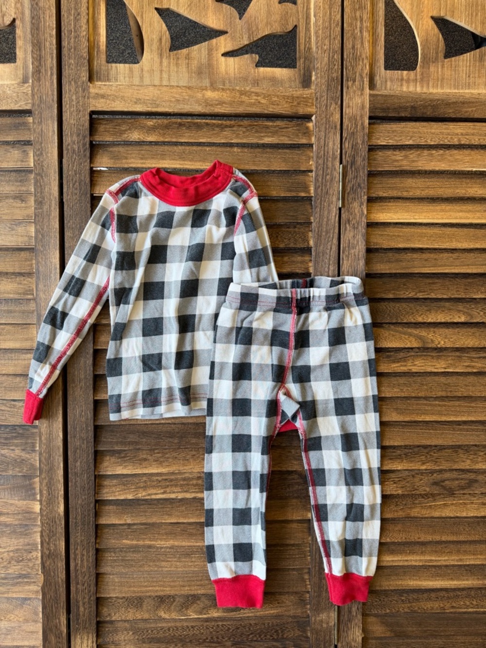 Hanna Andersson Black & White Buffalo Plaid Pajama Set with Red Trim Boy Girl 3T